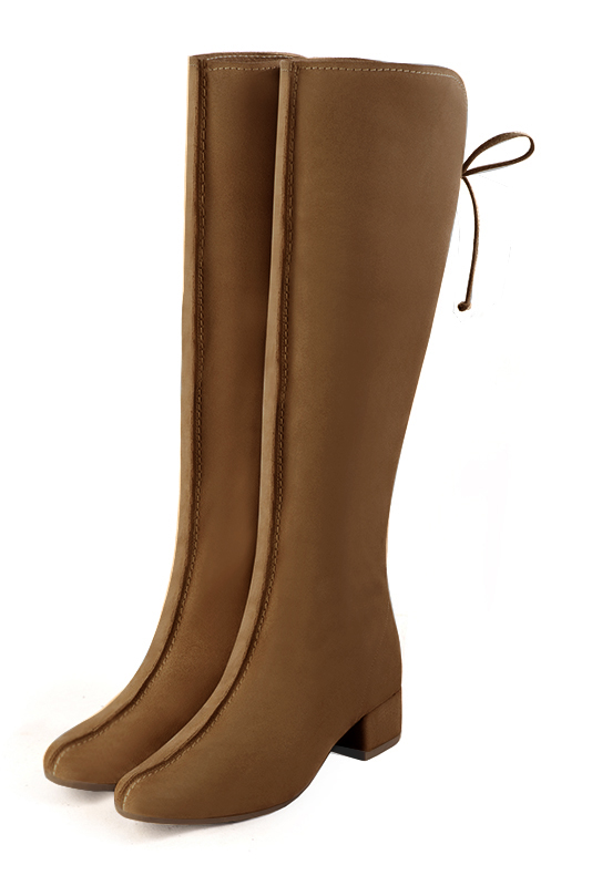 Caramel brown women's knee-high boots, with laces at the back. Round toe. Low block heels. Made to measure. Front view - Florence KOOIJMAN